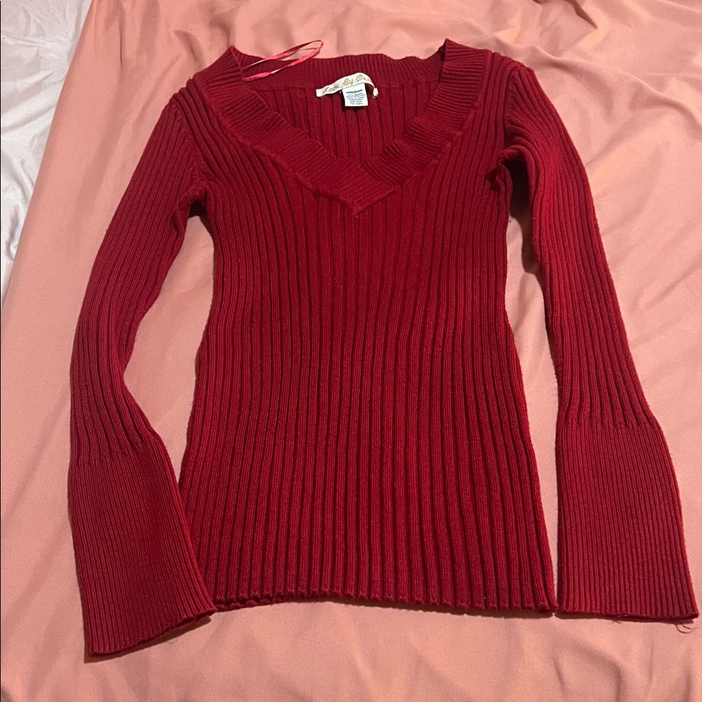 Love By Design Ribbed V-Neck Sweater in Red